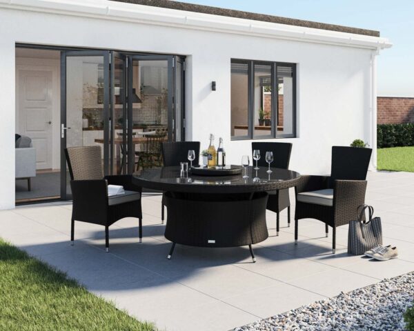 4 Rattan Garden Chairs & Large Round Dining Table Set in Black & White - Cambridge - Rattan Direct